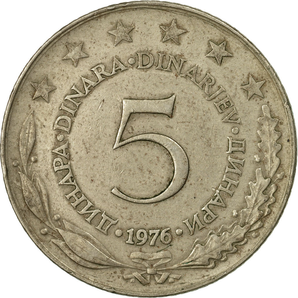 Moneta, Iugoslavia, 5 Dinara, 1976, MB, Rame-nichel-zinco, KM:58