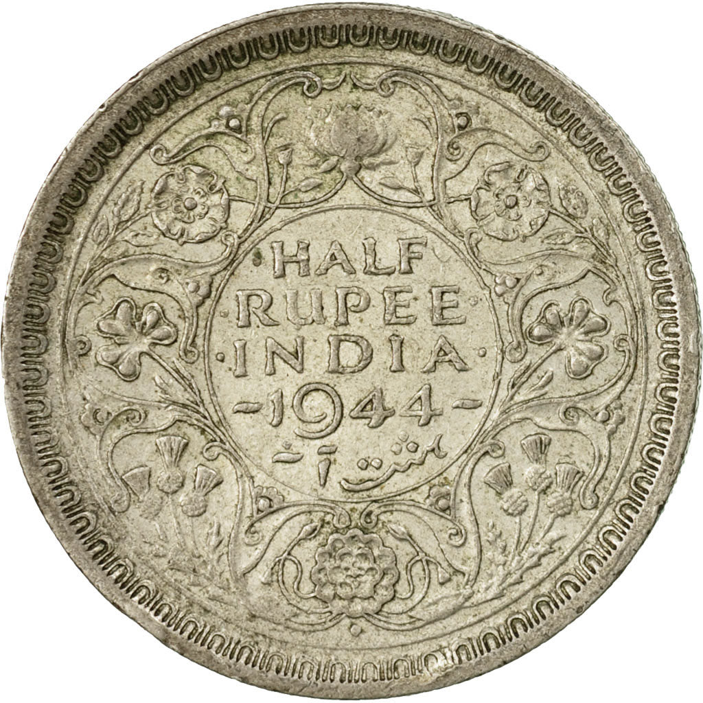 Coin, INDIA-BRITISH, George VI, 1/2 Rupee, 1944, EF(40-45), Silver, KM:552
