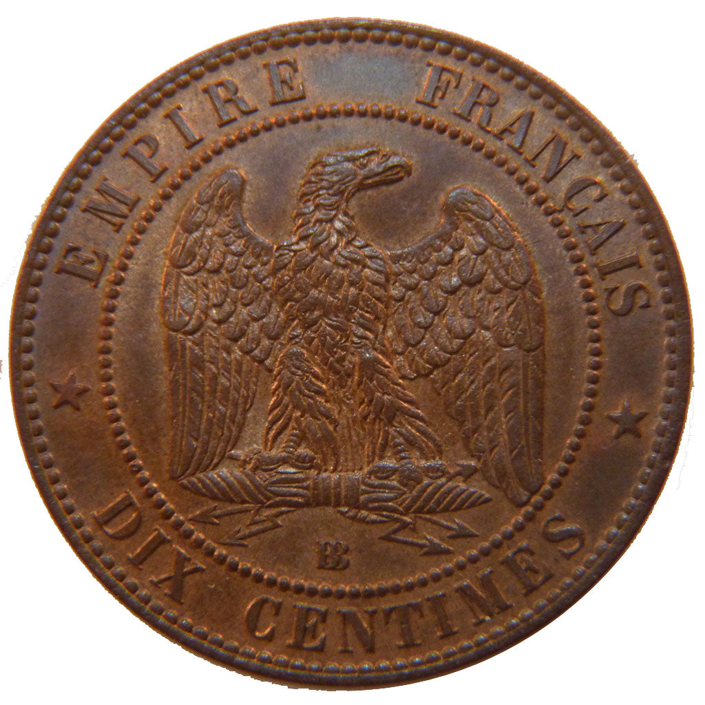 Second Empire, 10 Centimes Napoléon III Tête Laurée, 1862 BB, PCGS MS64BN