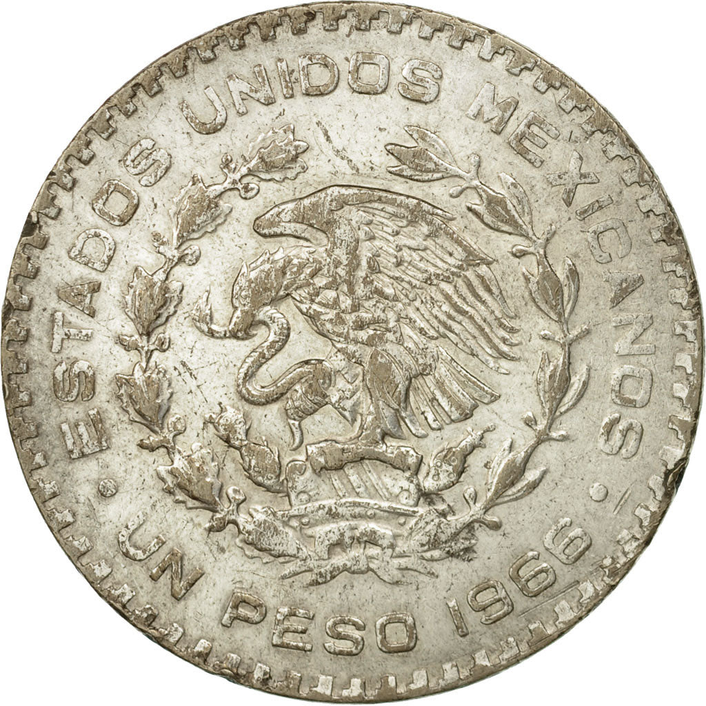 Moneda, México, Peso, 1966, Mexico City, BC+, Plata, KM:459