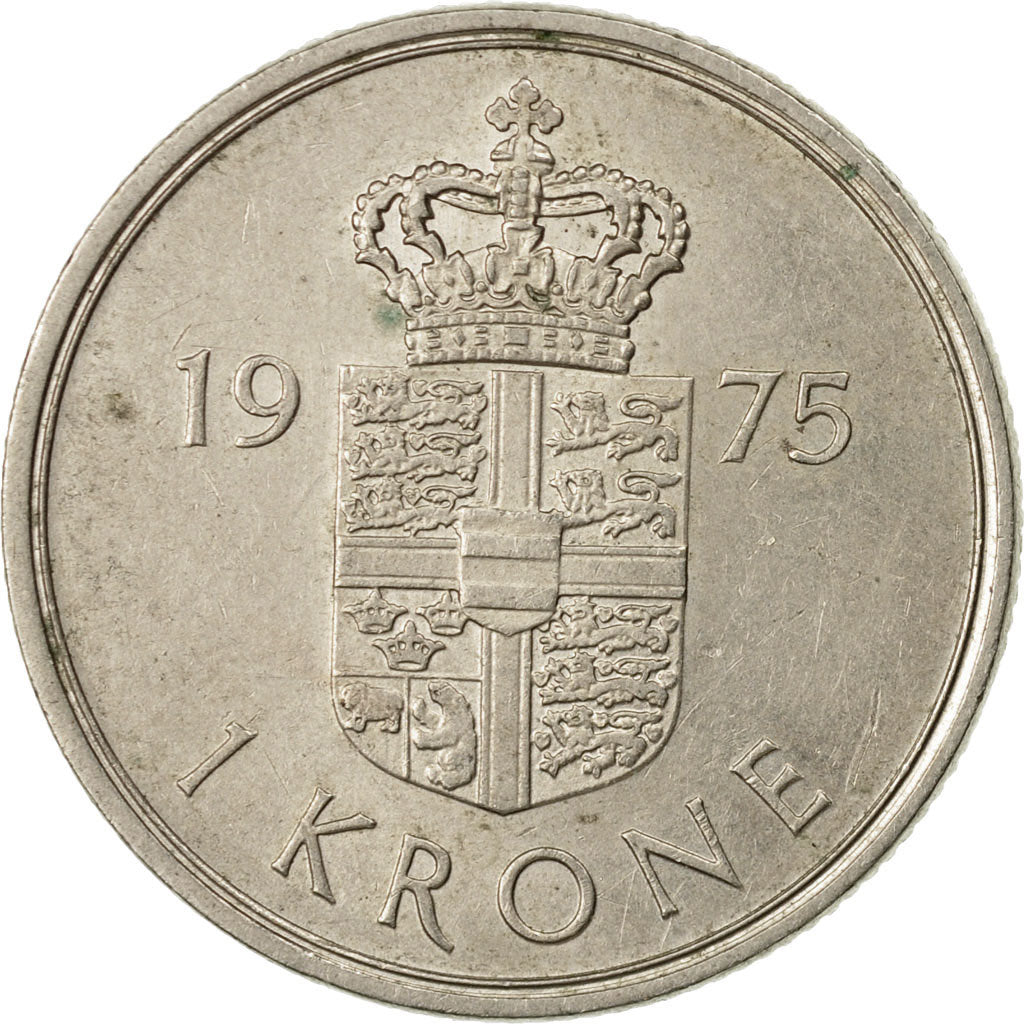 Coin, Denmark, Margrethe II, Krone, 1975, Copenhagen, VF(30-35), Copper-nickel