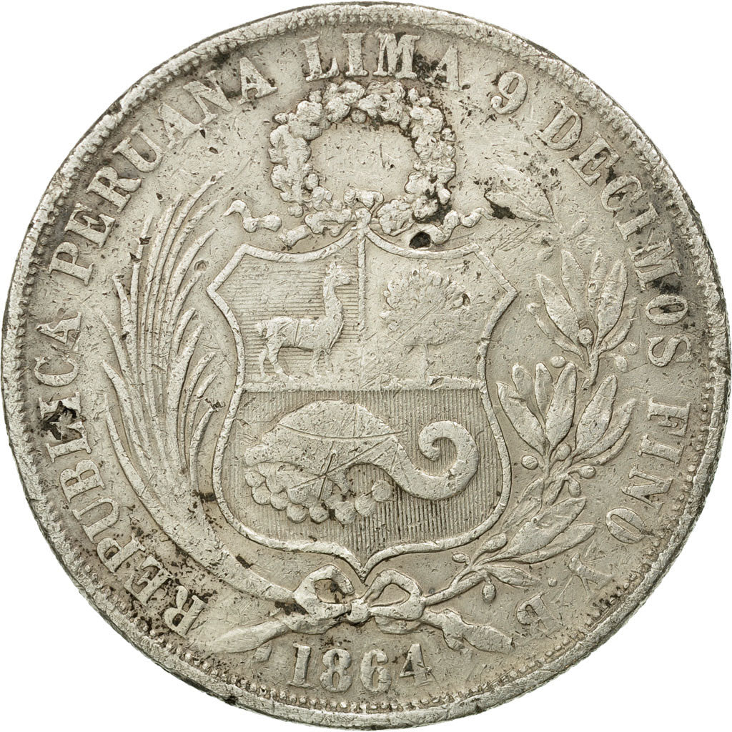 Moneda, Perú, SOUTH PERU, Sol, 1864, Lima, BC+, Plata, KM:196.2