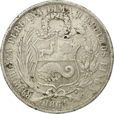 Moneda, Perú, SOUTH PERU, Sol, 1864, Lima, BC+, Plata, KM:196.2
