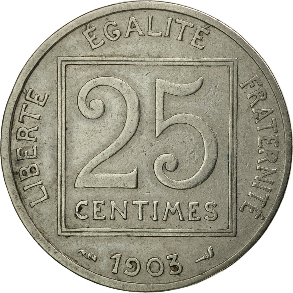Moneda, Francia, Patey, 25 Centimes, 1903, Paris, BC+, Níquel, KM:855, Le