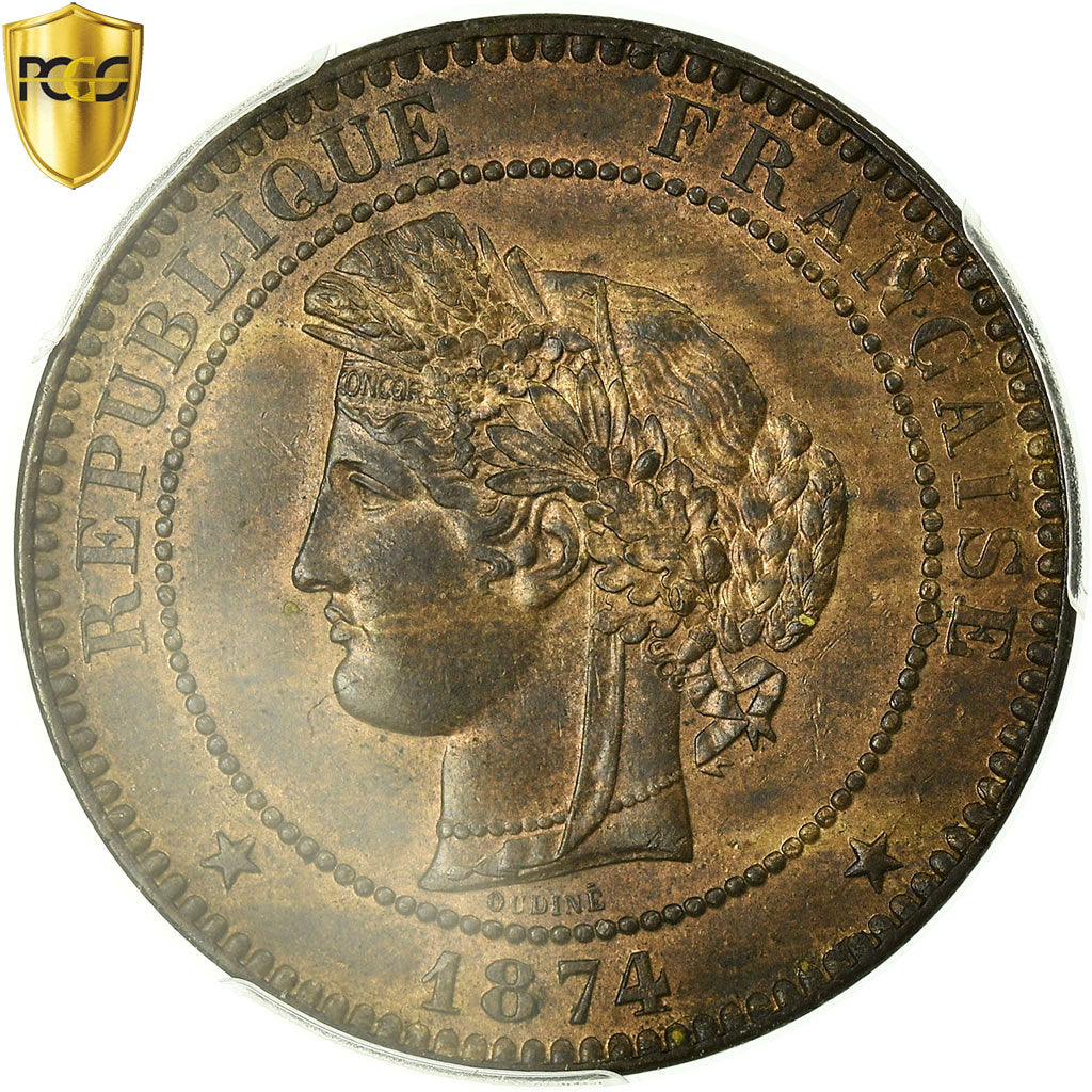 Coin, France, Cérès, 10 Centimes, 1874, Bordeaux, PCGS, MS63BN, MS(63)