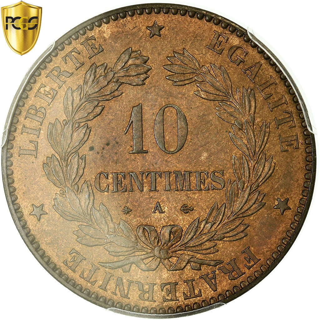 Coin, France, Cérès, 10 Centimes, 1876, Paris, PCGS, MS64RB, MS(64), Bronze