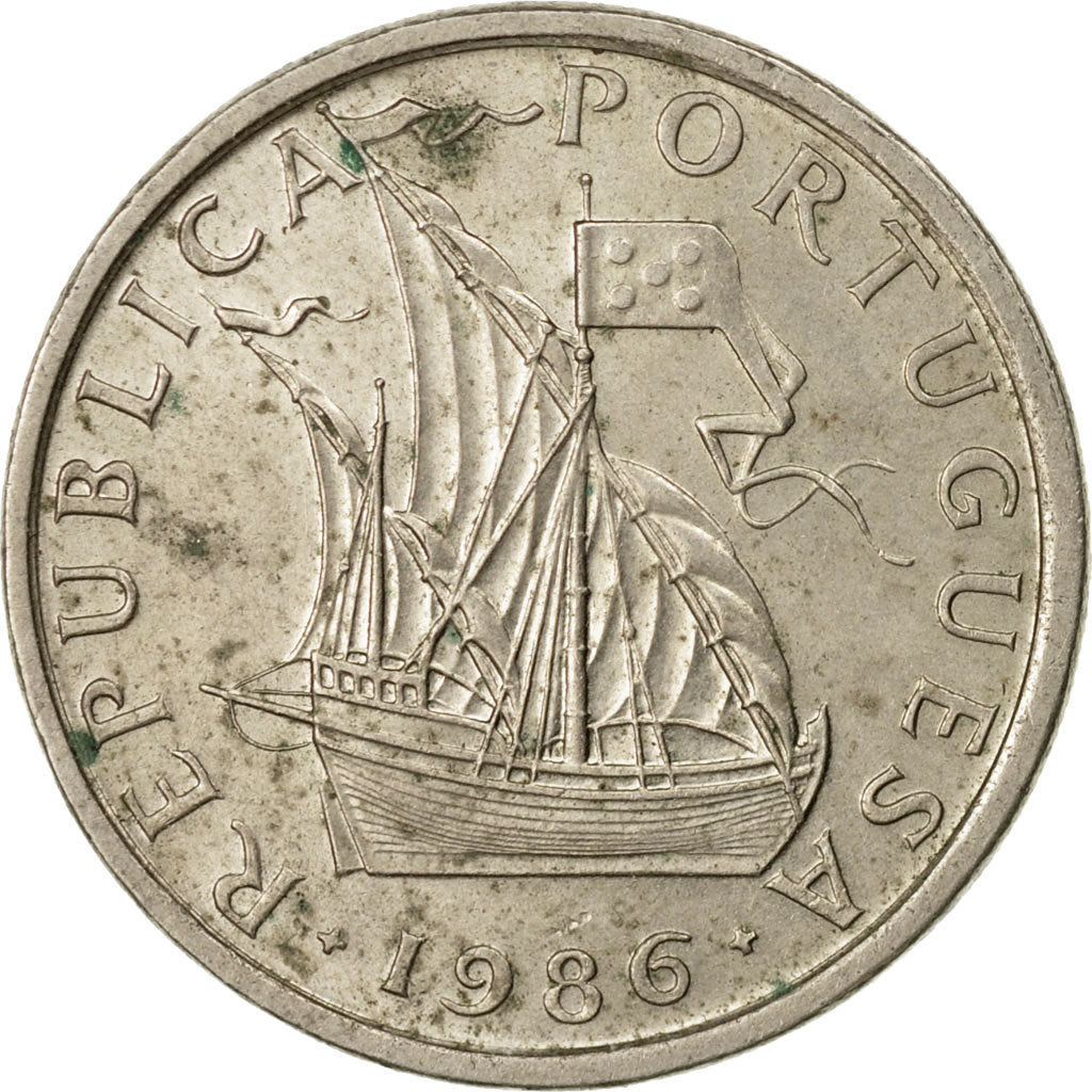 Moneta, Portugal, 5 Escudos, 1986, F(12-15), Miedź-Nikiel, KM:591