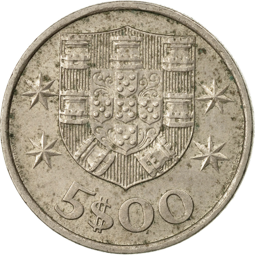 Moneta, Portugal, 5 Escudos, 1986, F(12-15), Miedź-Nikiel, KM:591