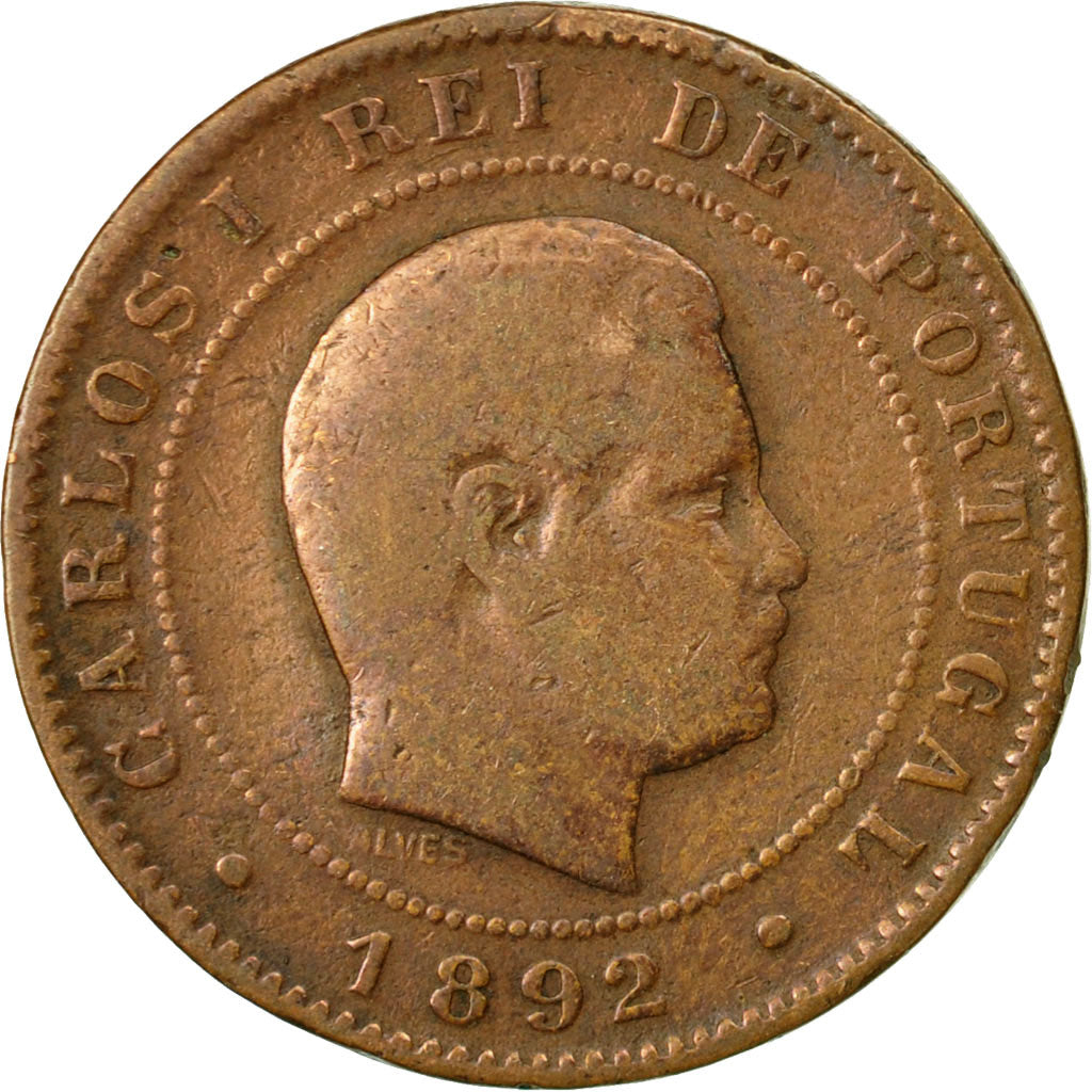 Munten, Portugal, Carlos I, 10 Reis, 1892, Portugal Mint, FR+, Bronze, KM:532