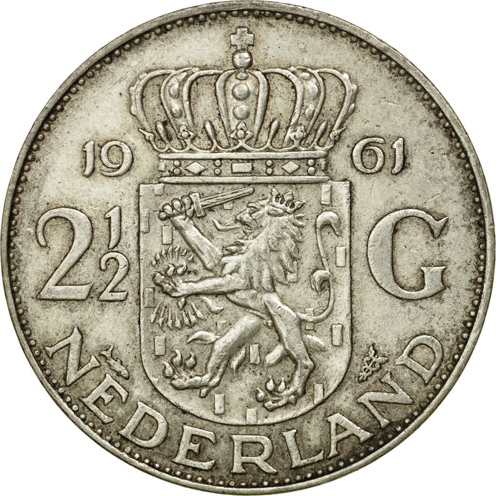 Coin, Netherlands, Juliana, 2-1/2 Gulden, 1961, EF(40-45), Silver, KM:185