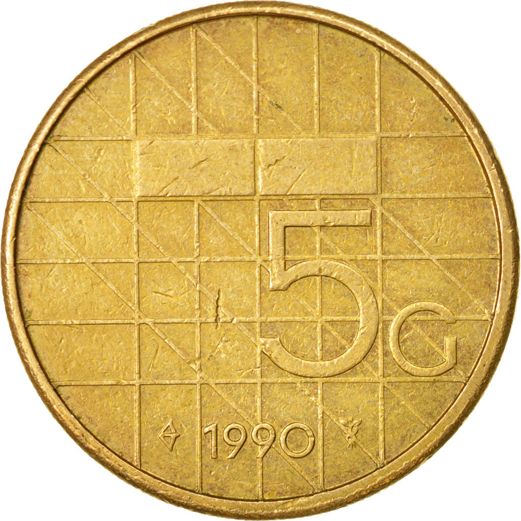 Coin, Netherlands, Beatrix, 5 Gulden, 1990, VF(30-35), Bronze Clad Nickel