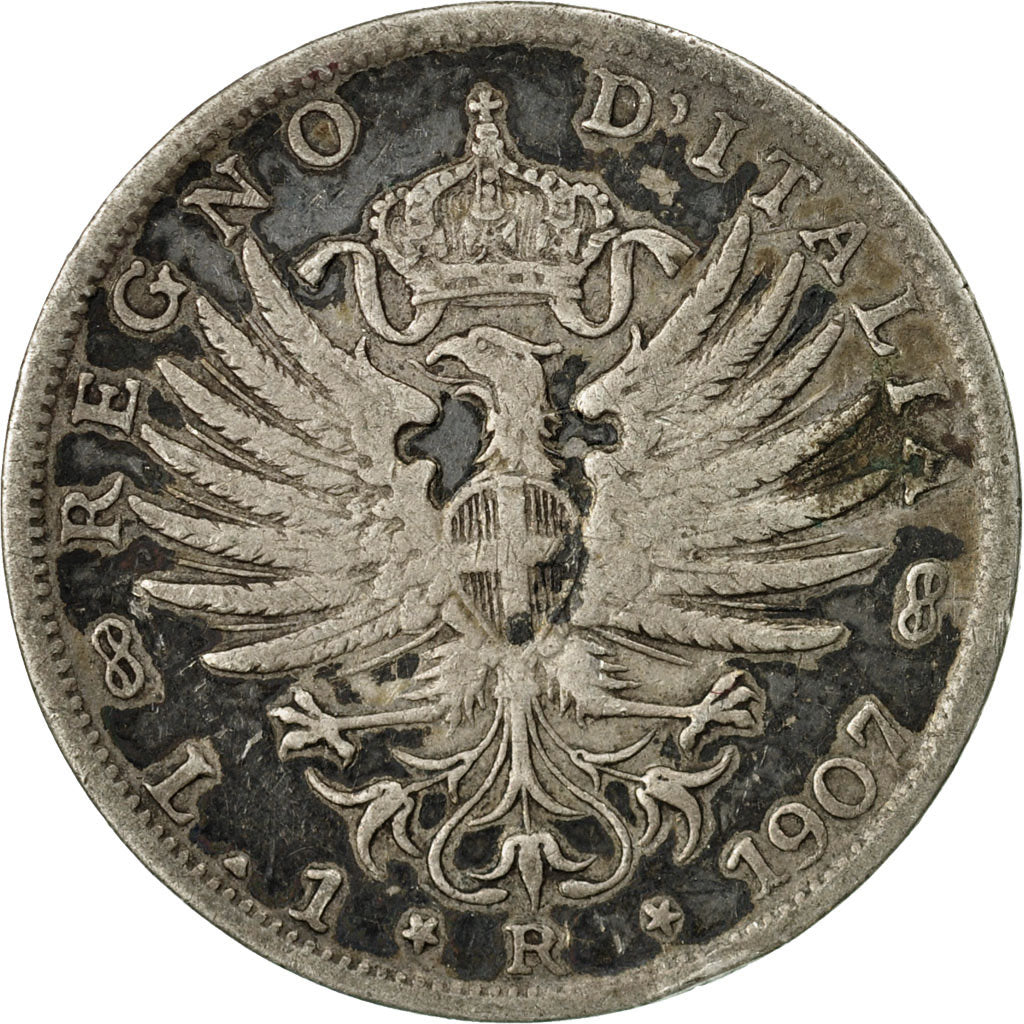 Coin, Italy, Vittorio Emanuele III, Lira, 1907, Rome, VF(20-25), Silver, KM:32