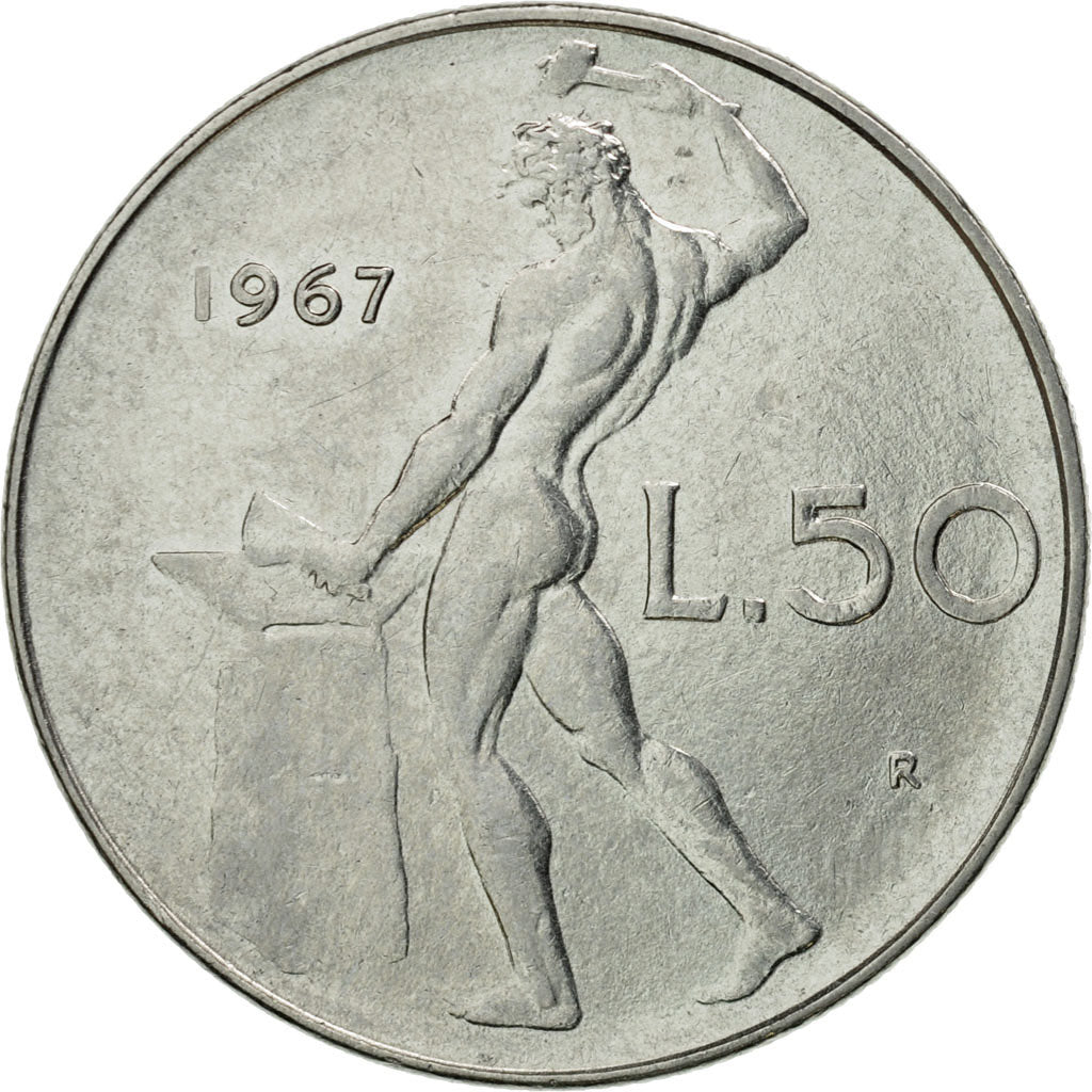 Coin, Italy, 50 Lire, 1967, Rome, AU(50-53), Stainless Steel, KM:95.1