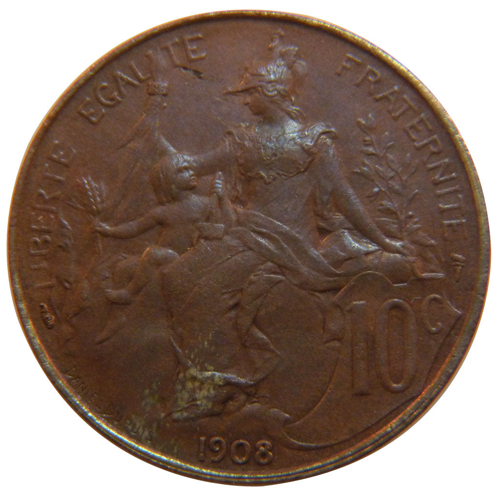 FRANCE, Dupuis, 10 Centimes, 1908, Paris, KM #843, MS(60-62), Bronze, 30,...