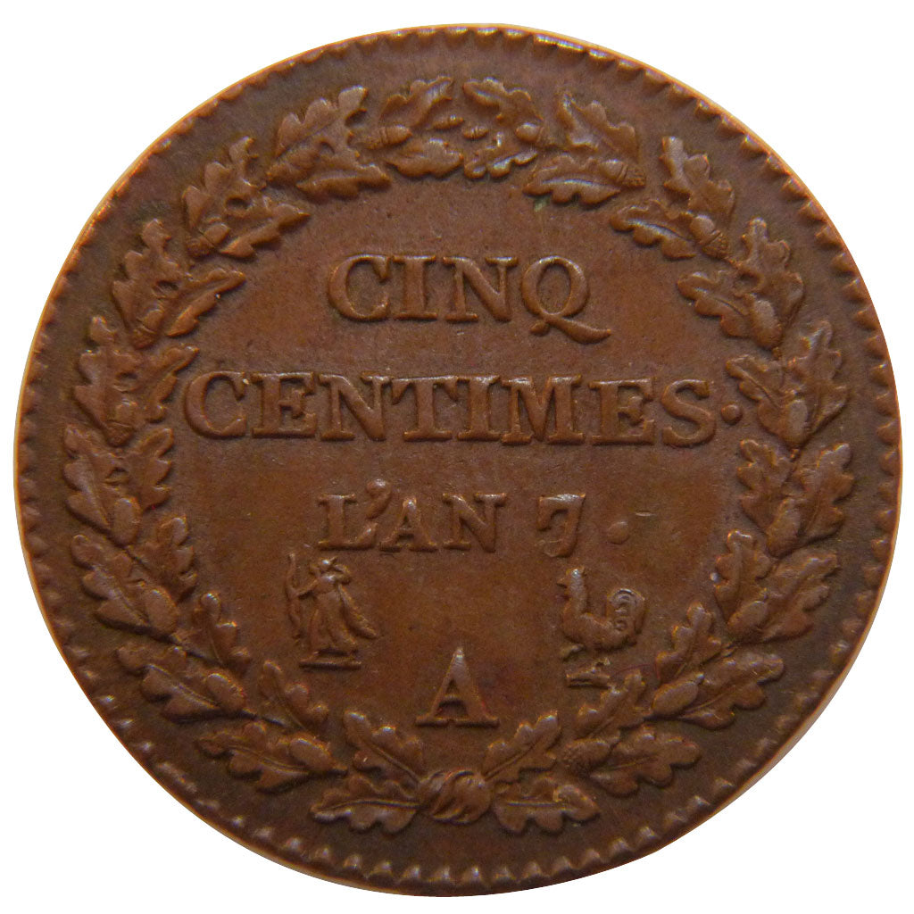 FRANCE, 5 Centimes, 1799, Paris, EF(40-45), Bronze, Gadoury #126, 9.90