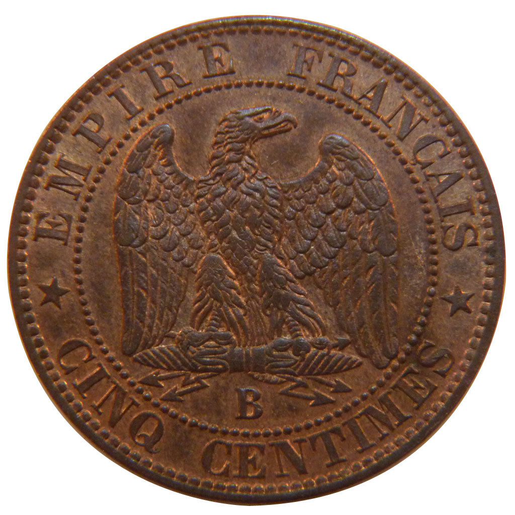 Second Empire, 5 Centimes Napoléon III Tête Nue 1853 B, PCGS MS63RB