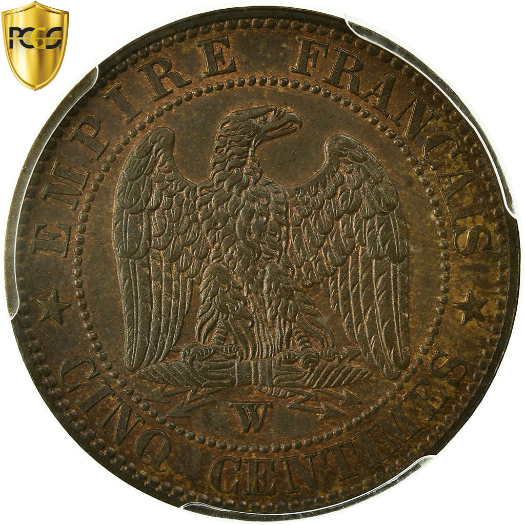 France, Napoleon III, 5 Centimes, 1853, Lille, Bronze, PCGS, MS(63)