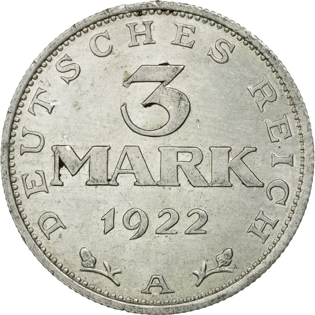 Coin, GERMANY, WEIMAR REPUBLIC, 3 Mark, 1922, Berlin, AU(50-53), Aluminum, KM:28