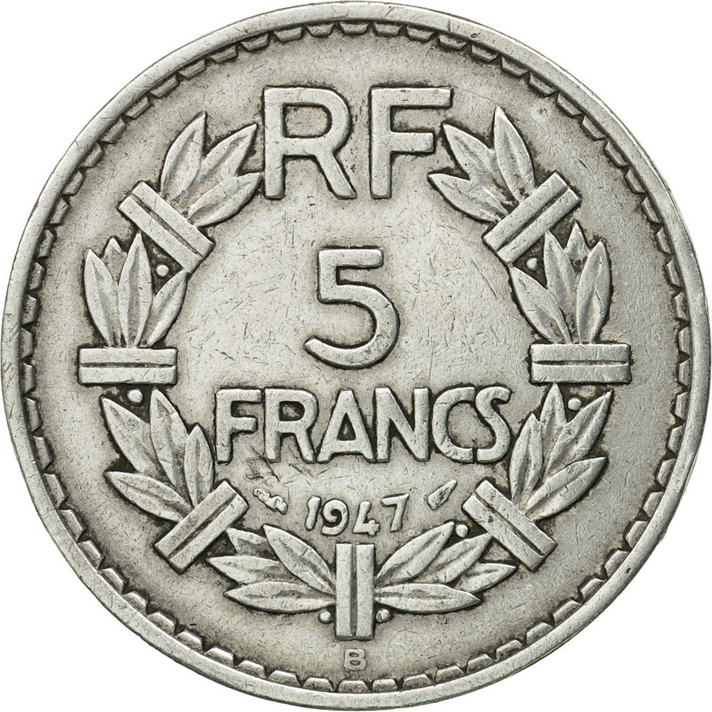 Moneda, Francia, Lavrillier, 5 Francs, 1947, Beaumont - Le Roger, MBC, Aluminio