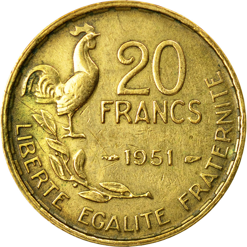 Moneta, Francia, Guiraud, 20 Francs, 1951, Paris, BB, Alluminio-bronzo