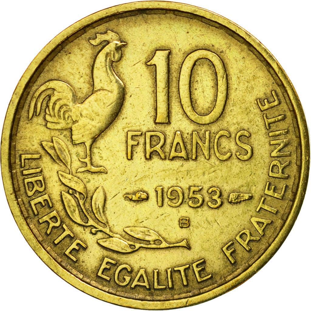 Moneda, Francia, Guiraud, 10 Francs, 1953, Beaumont - Le Roger, MBC, Aluminio -