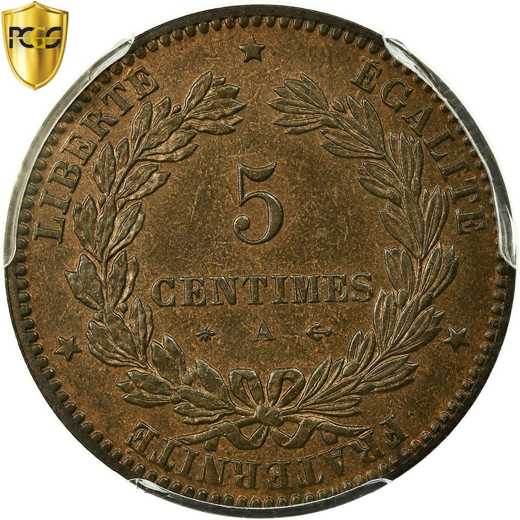 Coin, France, Cérès, 5 Centimes, 1876, Paris, PCGS, MS64RB, MS(64), Bronze