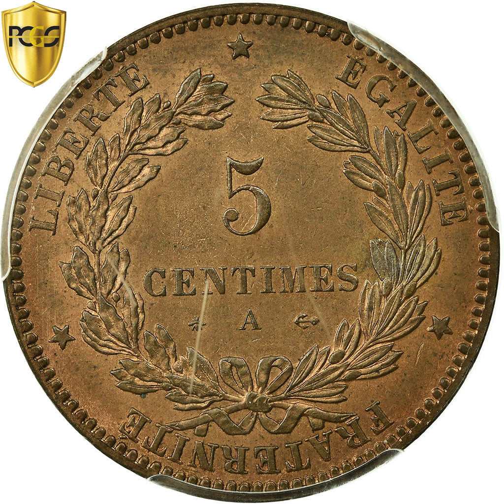 France, Cérès, 5 Centimes, 1877, Paris, PCGS MS64RB, KM:821.1