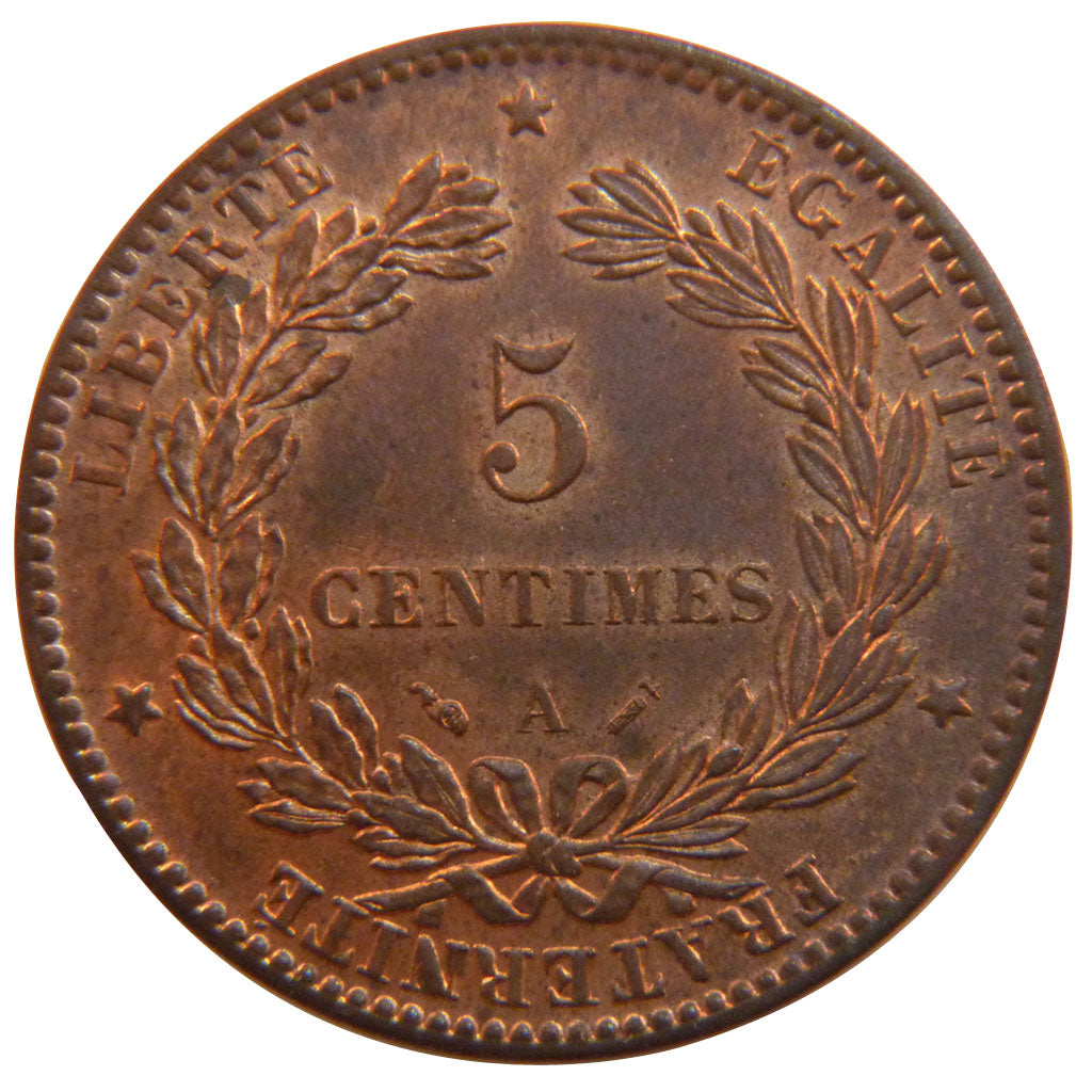 FRANCE, Cérès, 5 Centimes, 1890, Paris, KM #821.1, graded, PCGS, MS(64), Bronze,