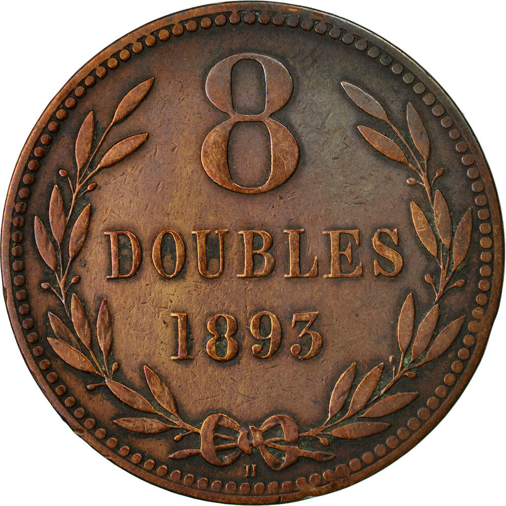 Coin, Guernsey, 8 Doubles, 1893, Heaton, Birmingham, EF(40-45), Bronze, KM:7