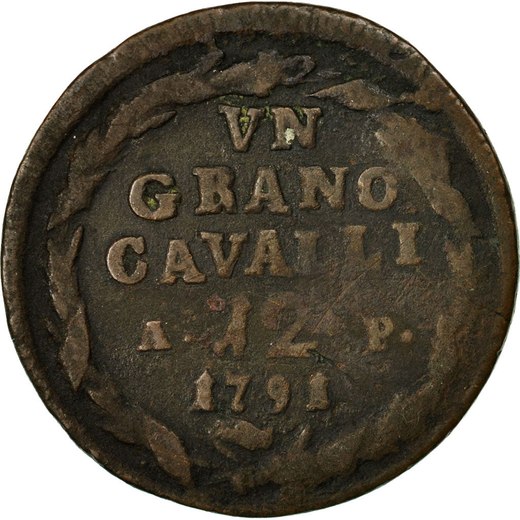Monnaie, États italiens, NAPLES, Ferdinando IV, Grano, 1791, B+, Cuivre, KM:205