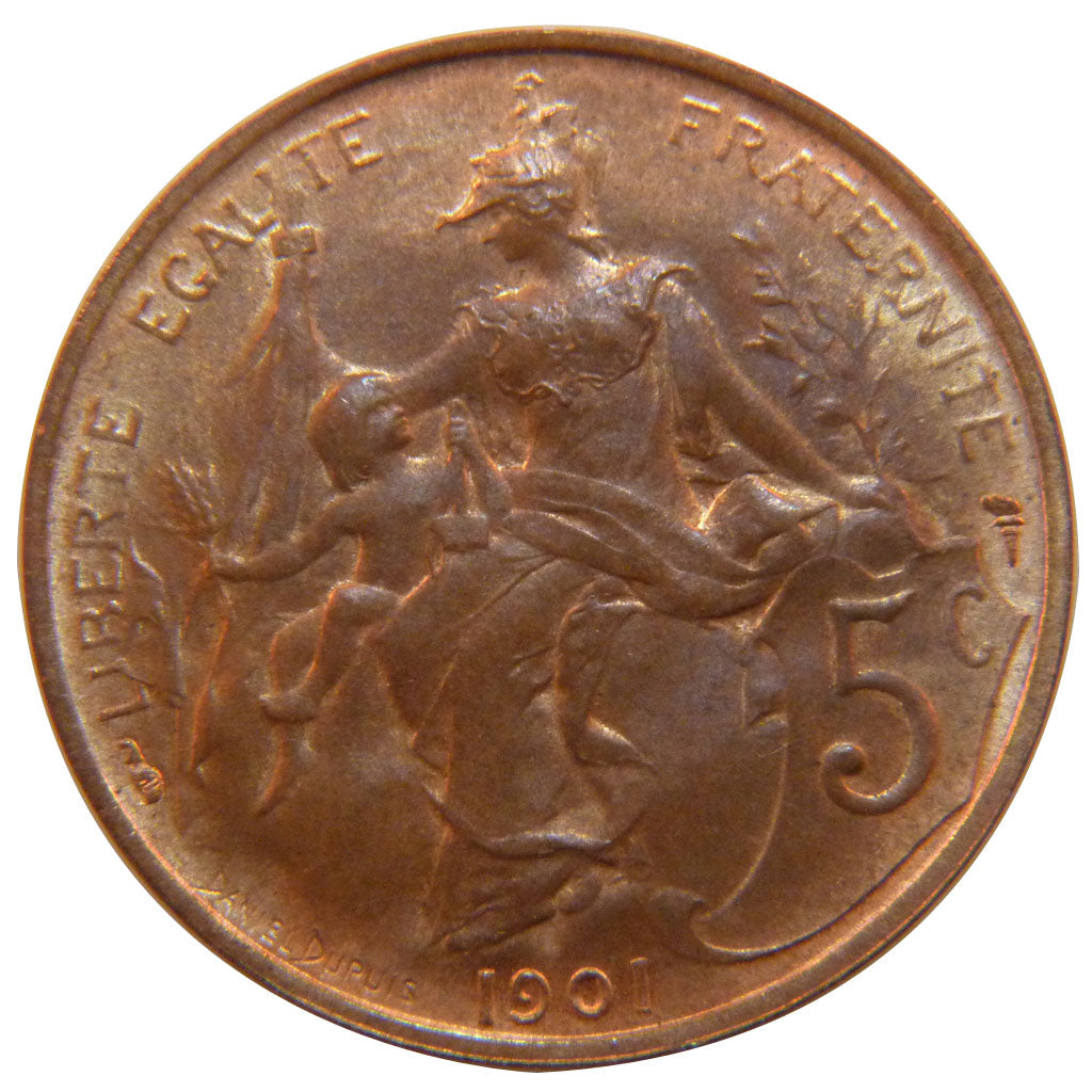 FRANCE, Dupuis, 5 Centimes, 1901, Paris, KM #842, MS(60-62), Bronze, 25.1,...