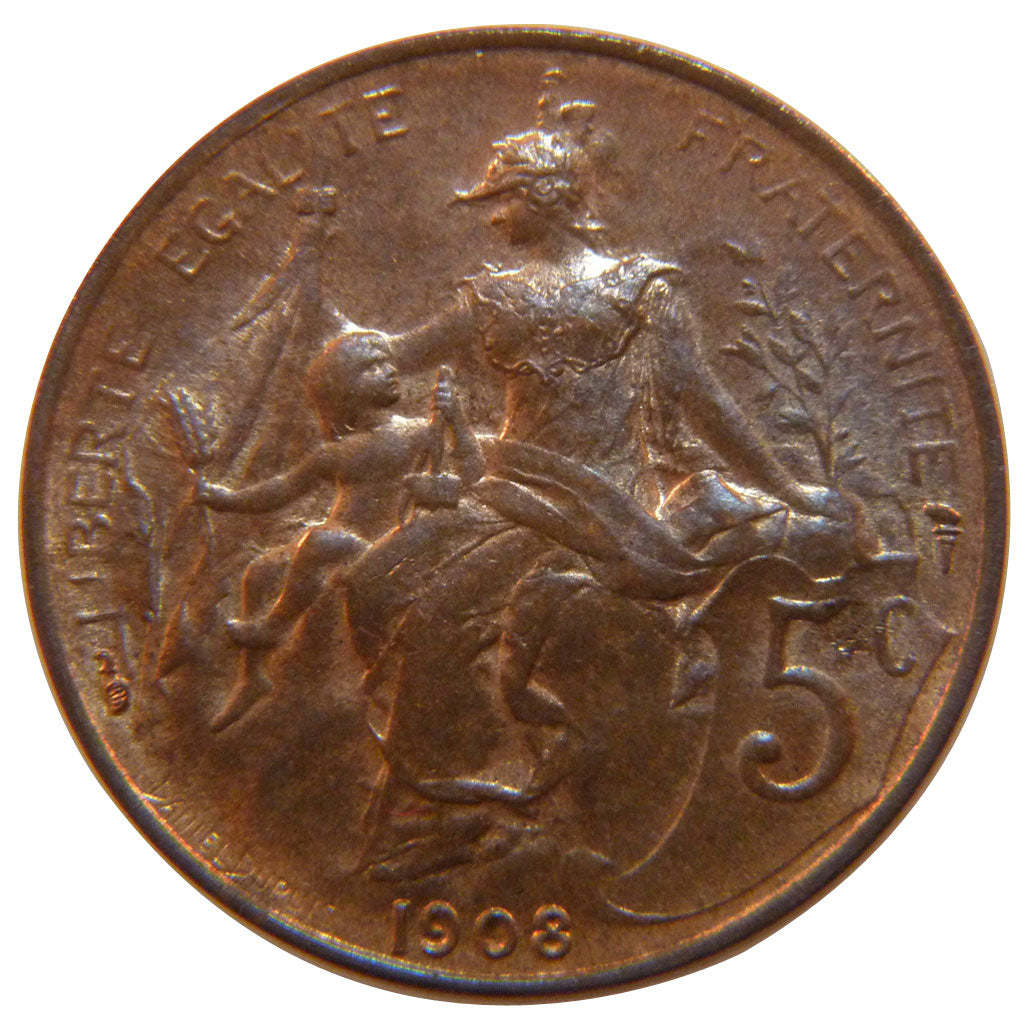 FRANCE, Dupuis, 5 Centimes, 1908, Paris, KM #842, graded, PCGS, , Bronze, 25.1,.