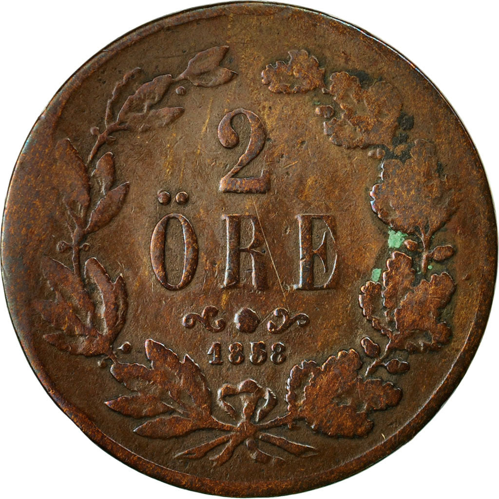Coin, Sweden, Oscar I, 2 Öre, 1858, VF(20-25), Bronze, KM:688