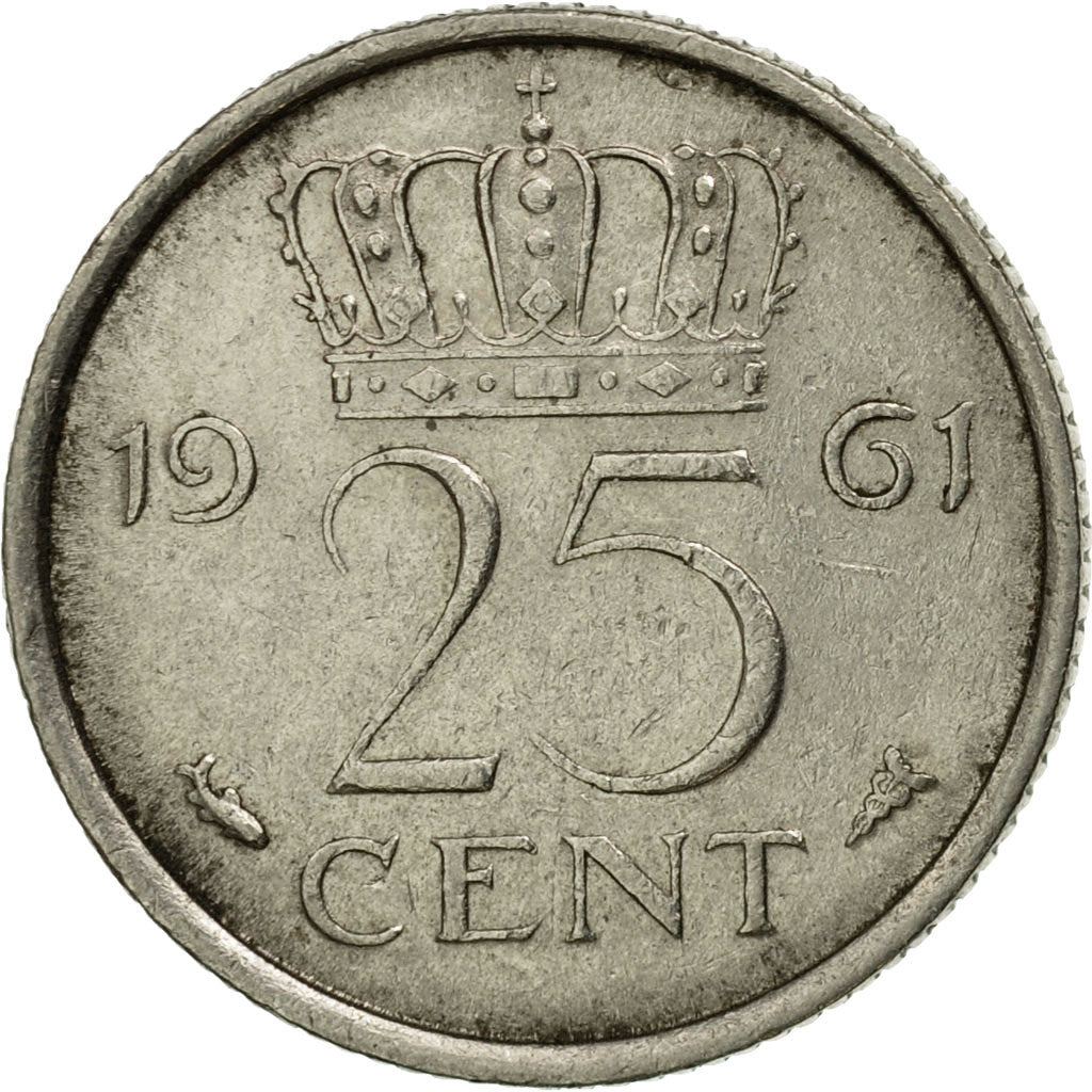Coin, Netherlands, Juliana, 25 Cents, 1961, VF(20-25), Nickel, KM:183