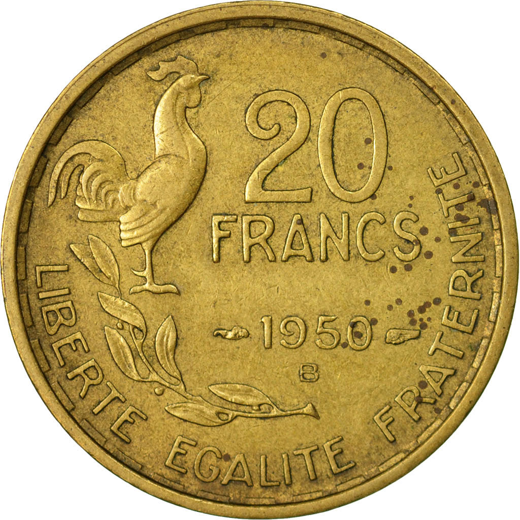 Moneda, Francia, Guiraud, 20 Francs, 1950, Beaumont - Le Roger, BC+, Aluminio -