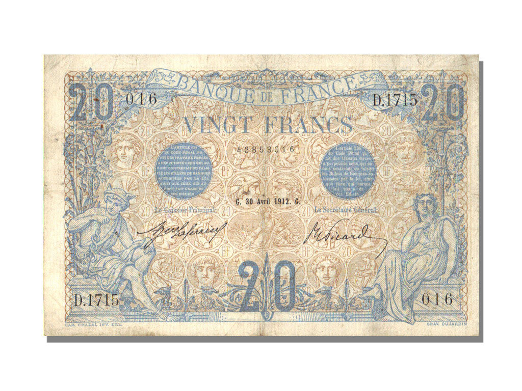 Banknote, France, 20 Francs, 20 F 1905-1913 ''Bleu'', 1912, 1912-04-30
