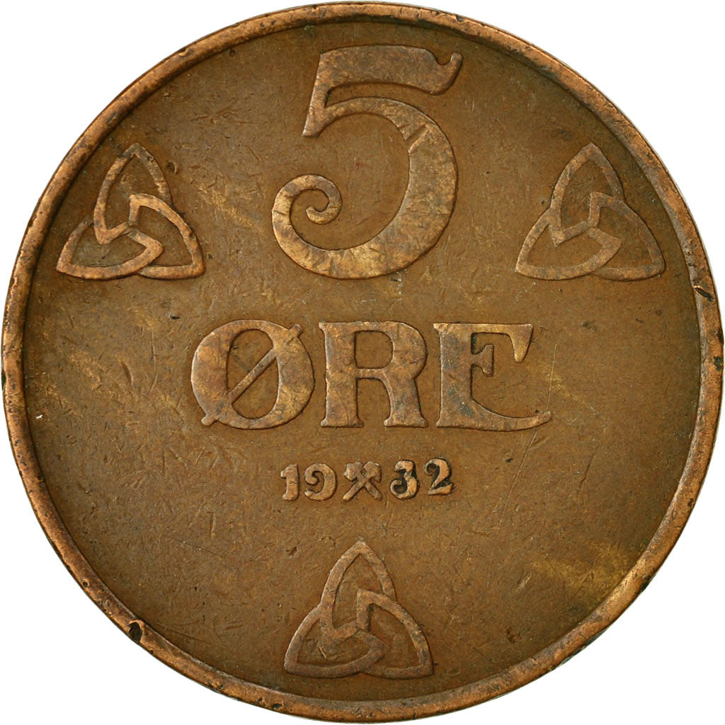 Coin, Norway, Haakon VII, 5 Öre, 1932, Kongsberg, VF(30-35), Bronze, KM:368