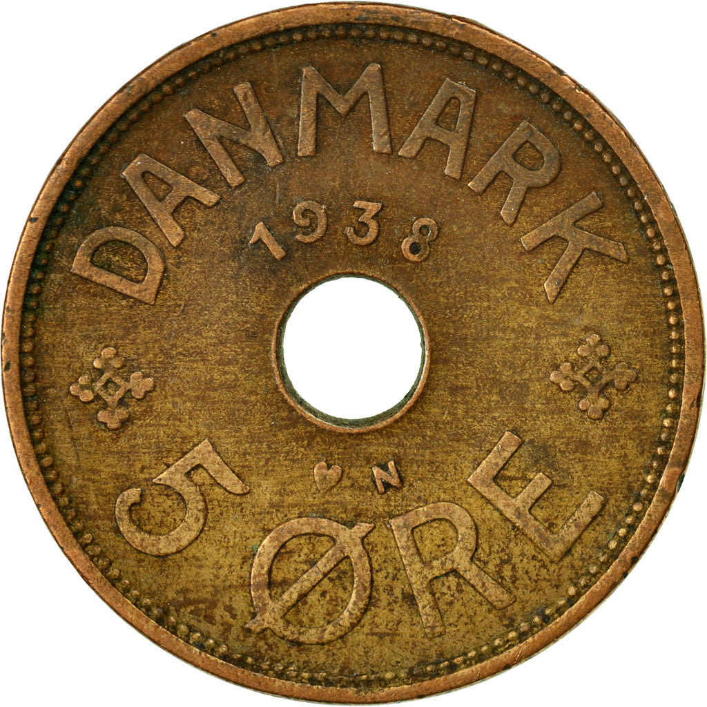 Moneta, Danimarca, Christian X, 5 Öre, 1938, Copenhagen, MB+, Bronzo, KM:828.2