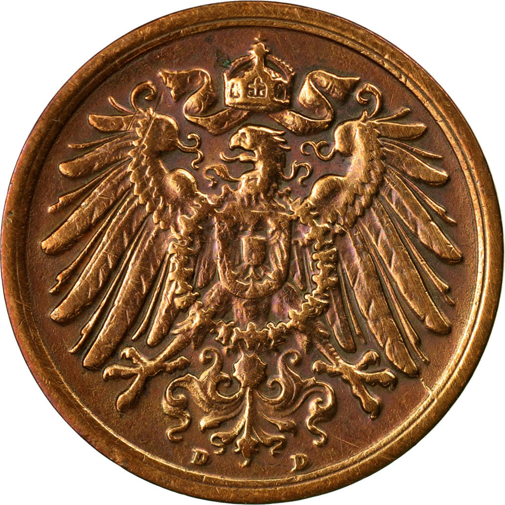 Coin, GERMANY - EMPIRE, Wilhelm II, 2 Pfennig, 1913, Munich, AU(55-58), Copper