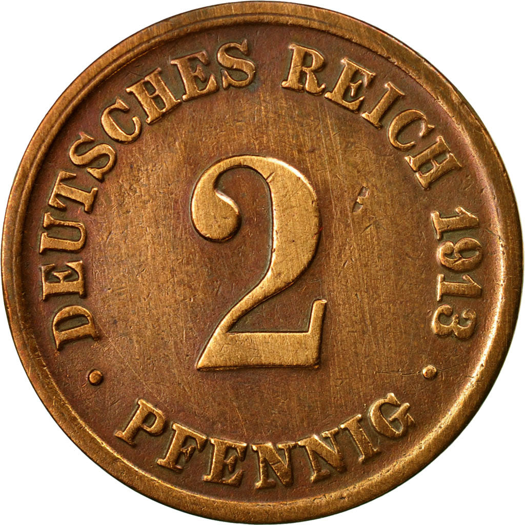 Coin, GERMANY - EMPIRE, Wilhelm II, 2 Pfennig, 1913, Munich, AU(55-58), Copper