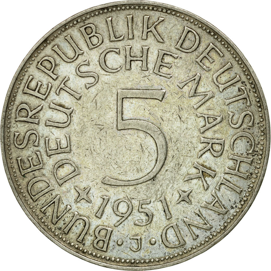 Coin, GERMANY - FEDERAL REPUBLIC, 5 Mark, 1951, Hamburg, EF(40-45), Silver