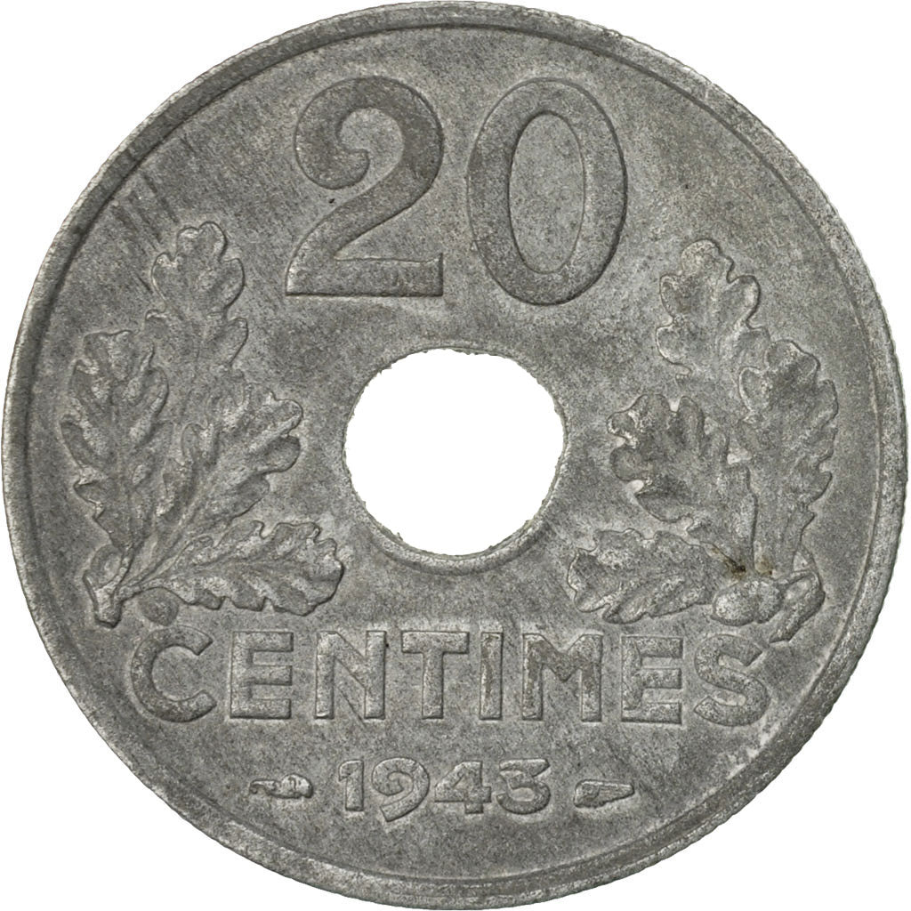 Coin, France, État français, 20 Centimes, 1943, Paris, EF(40-45), Zinc
