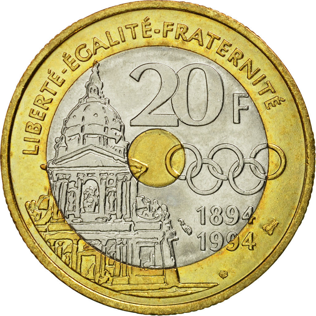 Coin, France, Pierre de Coubertin, 20 Francs, 1994, Paris, MS(63), Tri-Metallic