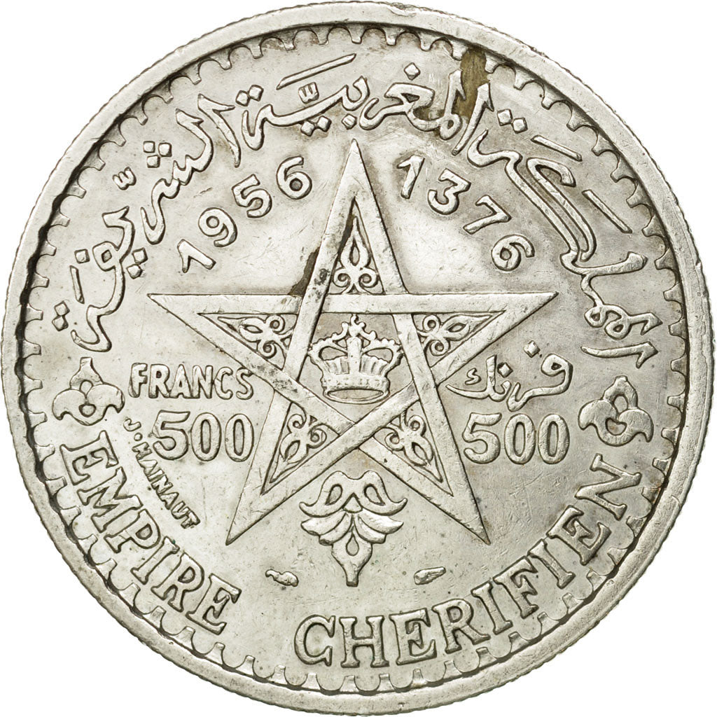 Coin, Morocco, Mohammed V, 500 Francs, 1956, Paris, AU(50-53), Silver, KM:54
