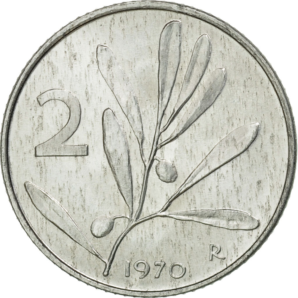 Coin, Italy, 2 Lire, 1970, Rome, AU(55-58), Aluminum, KM:94