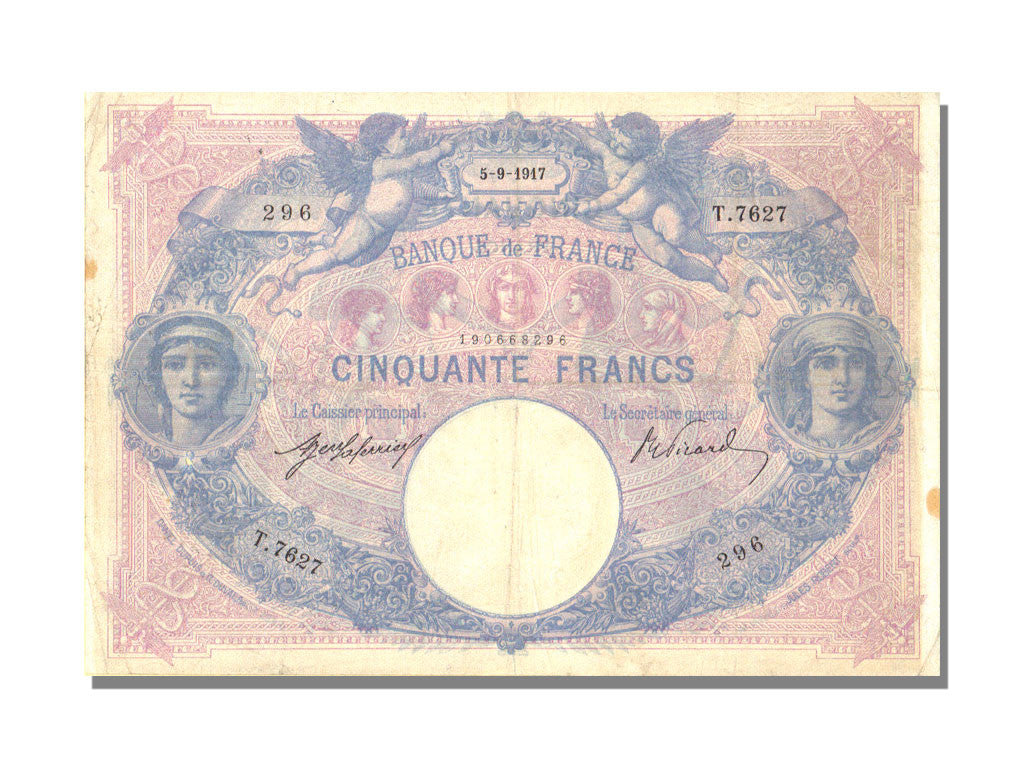 Francia, 50 Francs, 50 F 1889-1927 ''Bleu et Rose'', 1917, KM:64e, 1917-09-05...