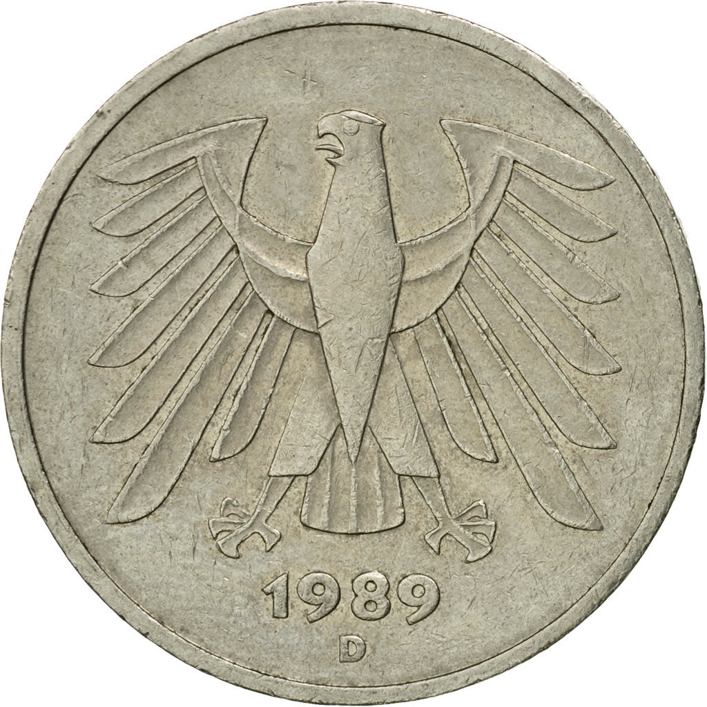 Coin, GERMANY - FEDERAL REPUBLIC, 5 Mark, 1989, Munich, EF(40-45), Copper-Nickel