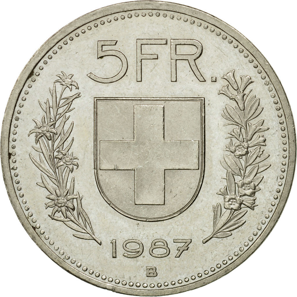 Coin, Switzerland, 5 Francs, 1987, Bern, EF(40-45), Copper-nickel, KM:40a.3