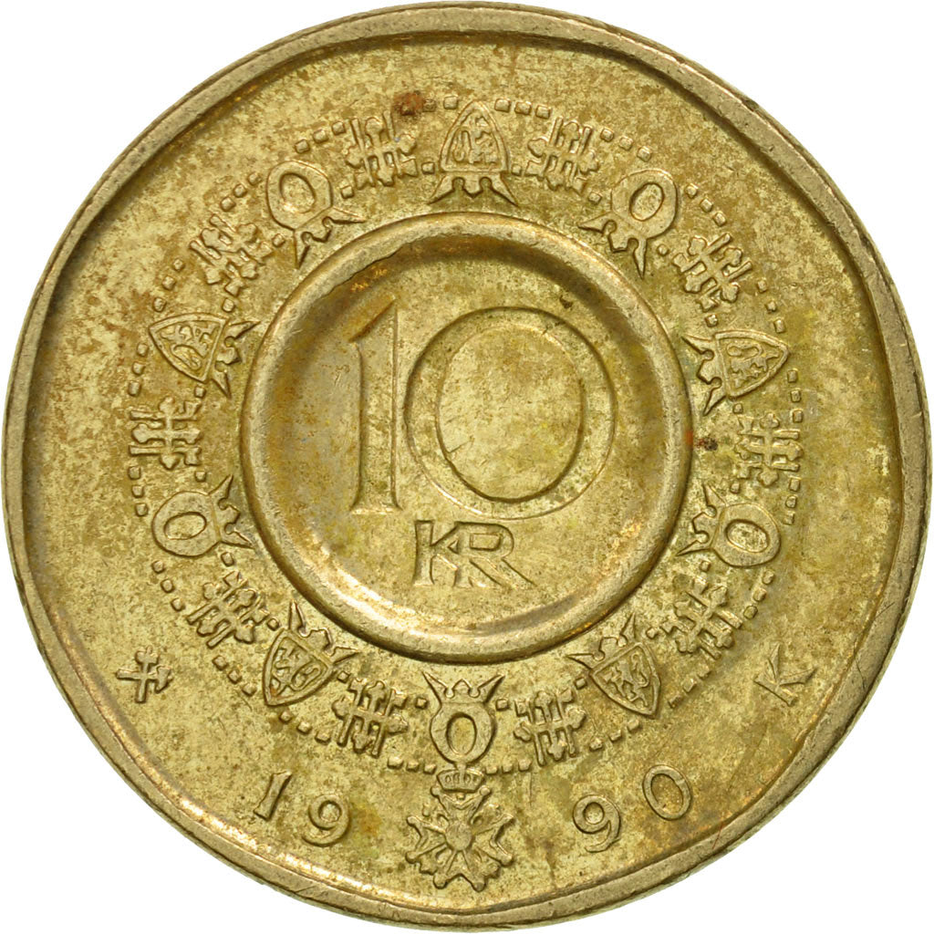 Coin, Norway, Olav V, 10 Kroner, 1990, EF(40-45), Nickel-brass, KM:427