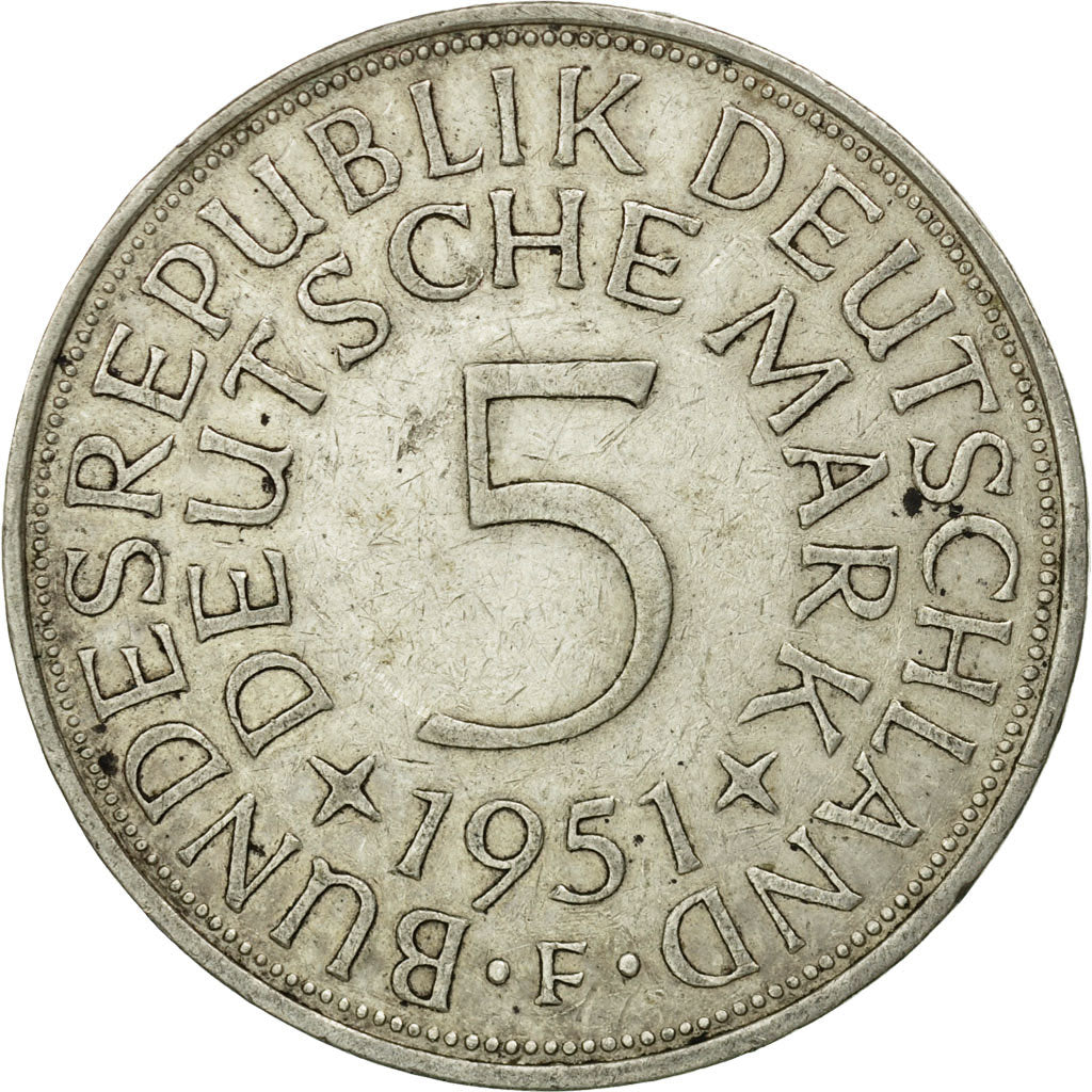 Coin, GERMANY - FEDERAL REPUBLIC, 5 Mark, 1951, Stuttgart, EF(40-45), Silver